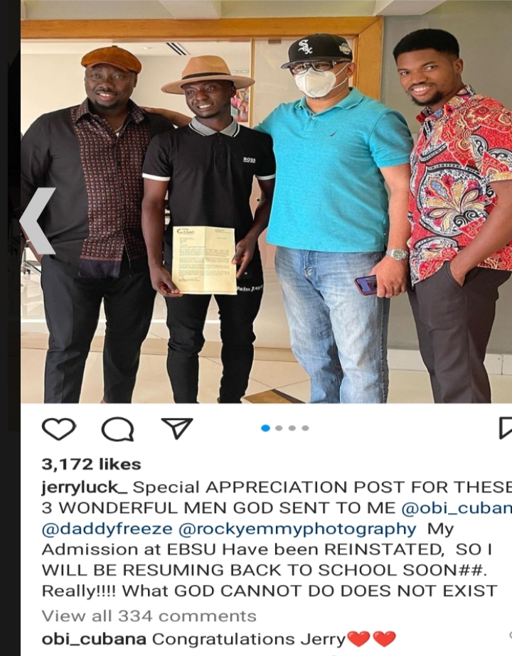 Daddy Freeze, Obi Cubana Accompany Former Street Hawker To Receive Admission Letter