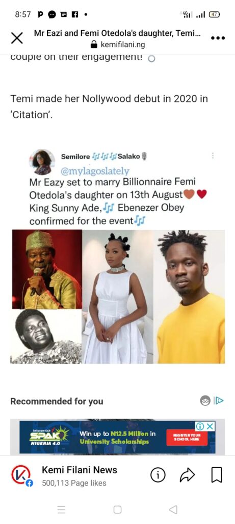 Wedding Bird:Mr Eazi and Femi Otedola’s daughter, Temi pick wedding date