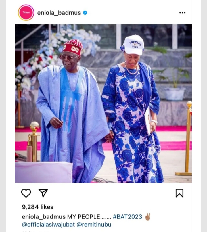 Eniola Badmus locks comment section of her post on Instagram after sharing photo of Tinubu and his wife