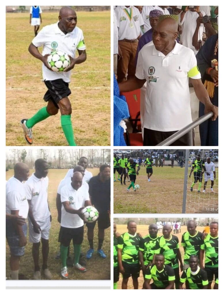 Former President Olusegun Obasanjo serves as captain of football team at his alma mater’s novelty match