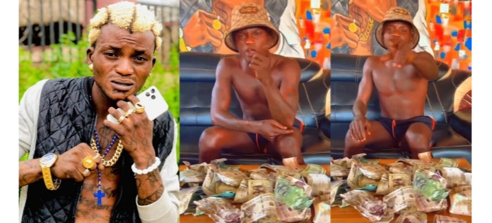 Uncle Buhari, see what you’ve caused” — Singer, Portable laments after fans sprayed him fake money at an event