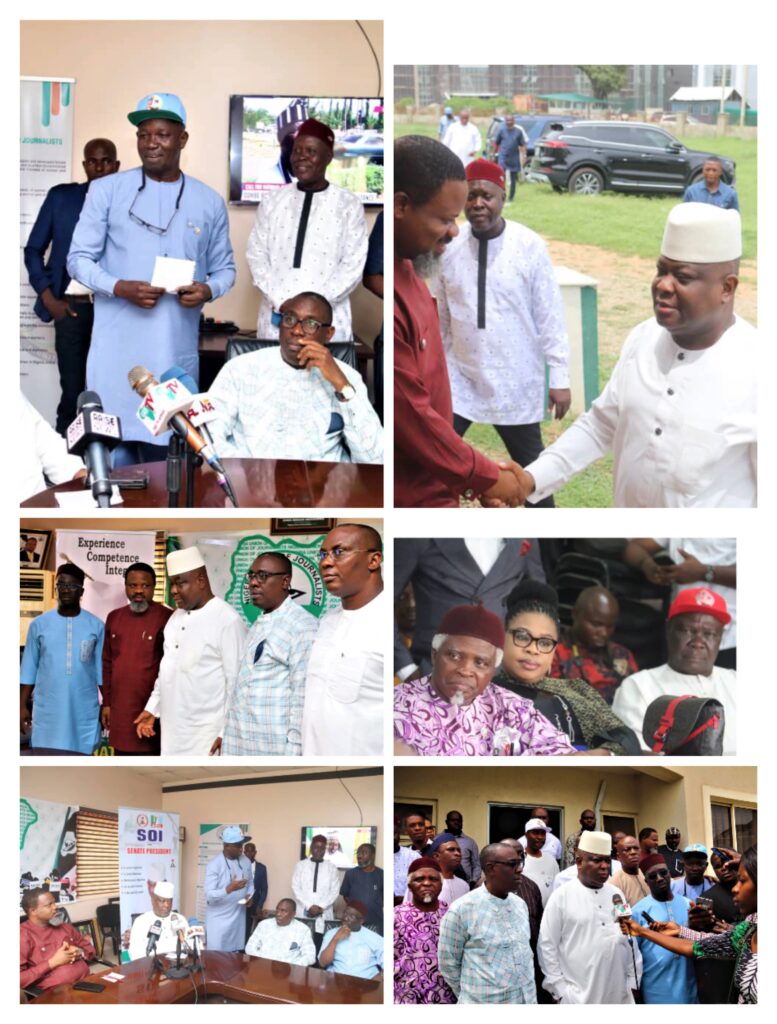 Photostory: AS NUJ BACKS SENATOR OSITA IZUNASO FOR SENATE PRESIDENT From left, the President of Nigeria Union of Journalists,  NUJ, Chief Chris Isiguzo and the leading candidate for Senate Presidency, Senator Osita Izunaso at the National Headquarters of NUJ in Abuja, Saturday.