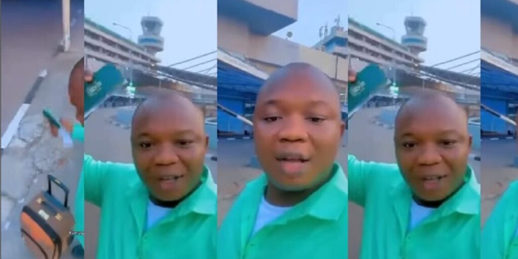 Skit maker who never traveled abroad visits Airport with passport and empty paper to imagine the experience of traveling overseas 