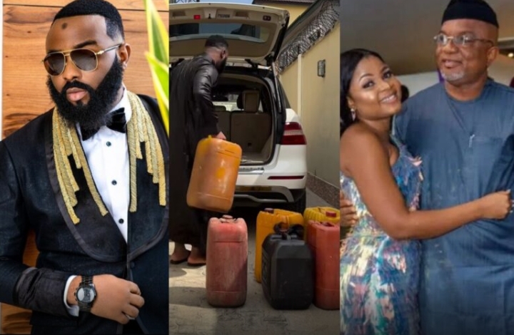 VJ Adams shows off his gallons of fuel, hours after Bimbo Ademoye’s father surprised her with 5 gallons