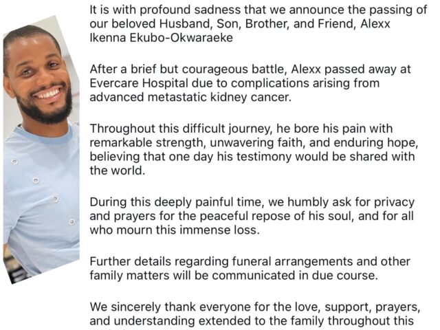 Family Announces Death of Alexx Ikenna Ekubo After Battle With Kidney Cancer