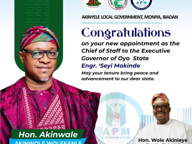 Akinyele Council Boss, Akinleye, Congratulates Wolekanle on Appointment as Oyo State Chief of Staff.